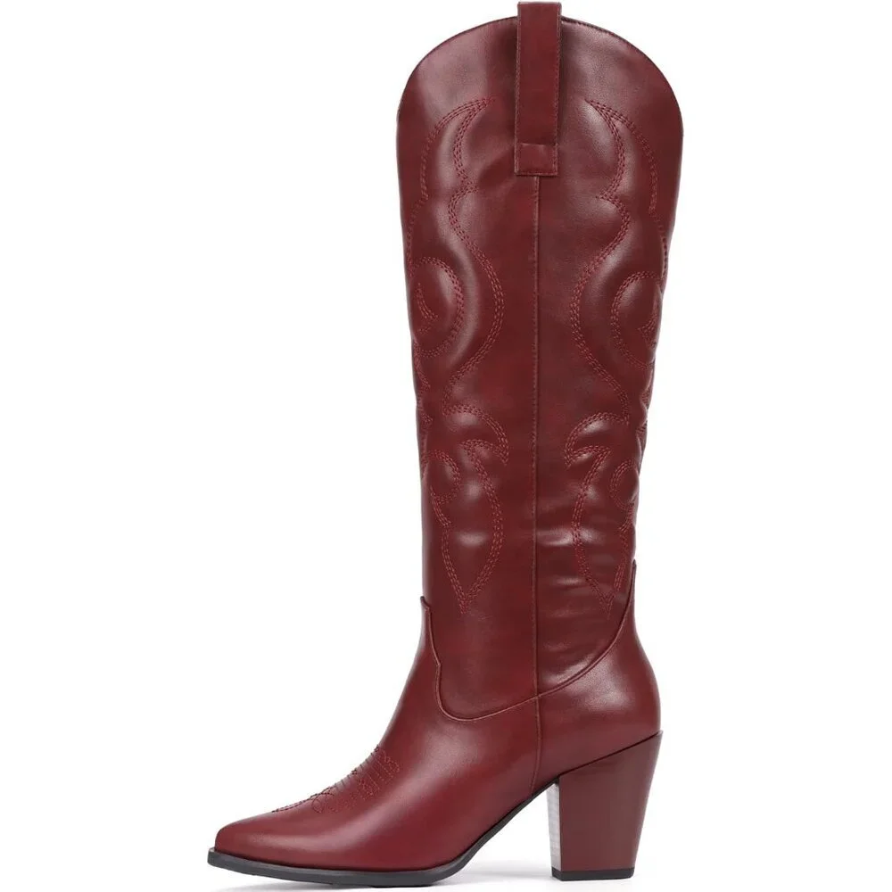 Women Burgundy Western Knee High Cowgirl Boots with Side Zipper Retro Pointed